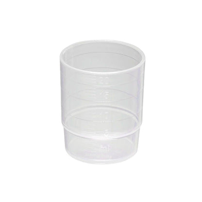 The melipul REUSABLE medication cup from Helmut Schwarz GmbH is a stackable, 25 ml capacity, transparent plastic cup made of polypropylene (PP) with precise measurement markings, perfect for versatile use in the kitchen - all on a plain white background.