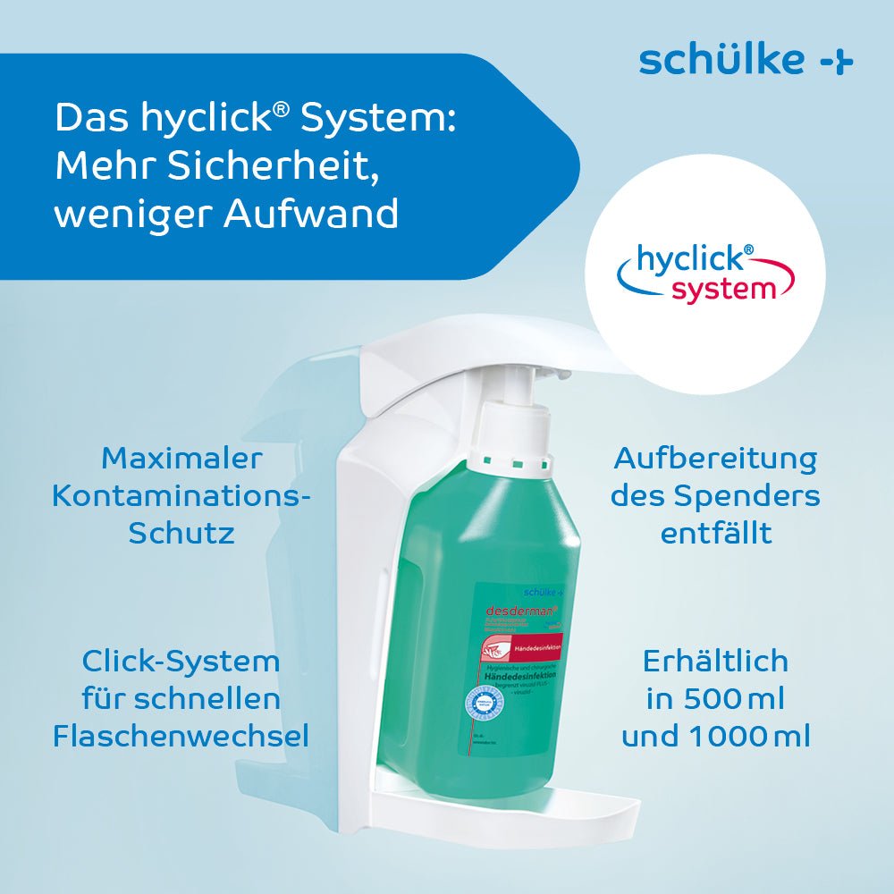 Image of a product advertisement in German for the hyclick® system by Schülke & Mayr GmbH. The image shows a green bottle of Schülke desderman® hand disinfectant (without dye/fragrance) in a white-blue dispenser. The text highlights advantages such as increased safety, reduced effort, contamination protection, no dispenser preparation required, and availability in 500 ml and 1000 ml sizes.