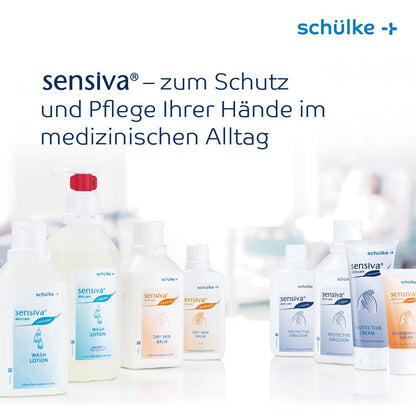 Against a white background, a selection of medical hand care products from the brand Schülke & Mayr GmbH is shown. The products include wash lotion, skin balm, and protective cream, all dye and fragrance-free. The German text points out the intensive care and protection of dry skin in the medical field. One of the featured products is the Schülke sensiva® dry skin balm.