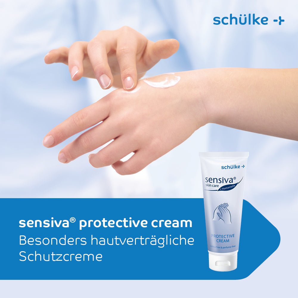 Schülke sensiva® Protective Cream Skin Protection is applied from the 100 ml bottle to the back of the hands. The water-in-oil formulation is characterized by skin compatibility and protection against skin irritations. The packaging features a German text.