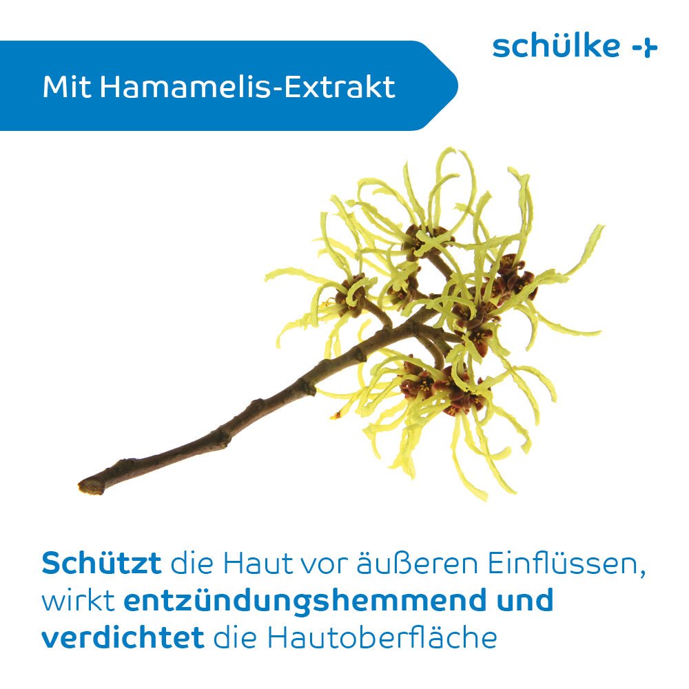 On a white background, a branch of witch hazel with yellow flowers is depicted. The text reads "With witch hazel extract" and describes in German the skin-protecting benefits, including the alleviation of skin irritations. On the packaging of the Schülke sensiva® Protective Cream, "Schülke & Mayr GmbH" is shown in blue lettering.