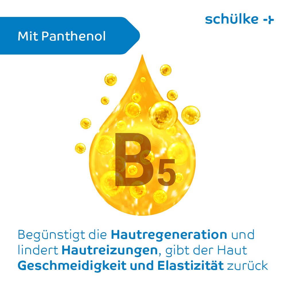 On the bottle of Schülke Sensiva® Regeneration Cream (50 ml) by Schülke & Mayr GmbH, an orange drop with "B5" is depicted. The inscription "With Panthenol" indicates that the cream supports skin regeneration, provides intensive moisture, soothes irritations, and restores the skin's smoothness and elasticity.