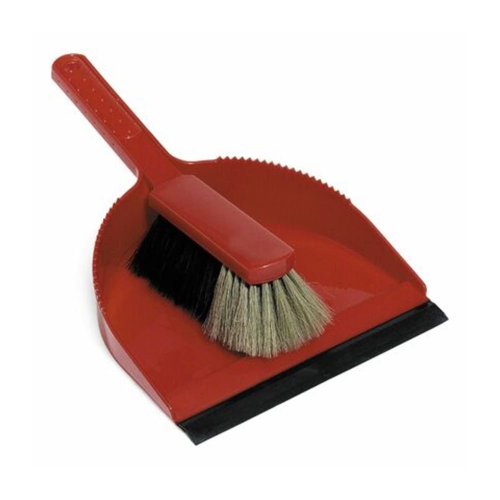 The Nölle Profi Brush sweeping set from Nölle Profi Brush Bürsten- & Pinseltechnik e.K. consists of a red dustpan with a black rubber edge and a small hand brush. The brush has a red handle and mixed synthetic bristles that combine black and beige bristles for efficient cleaning.