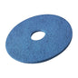 The image shows a blue round pad with a hole in the center, similar to the Vileda Professional DynaCross Superpads floor discs from Vileda GmbH. It is ideal for polishing and buffing floors and features a textured surface that is perfect for intensive floor care, ensuring effective cleaning and improved machine stability.
