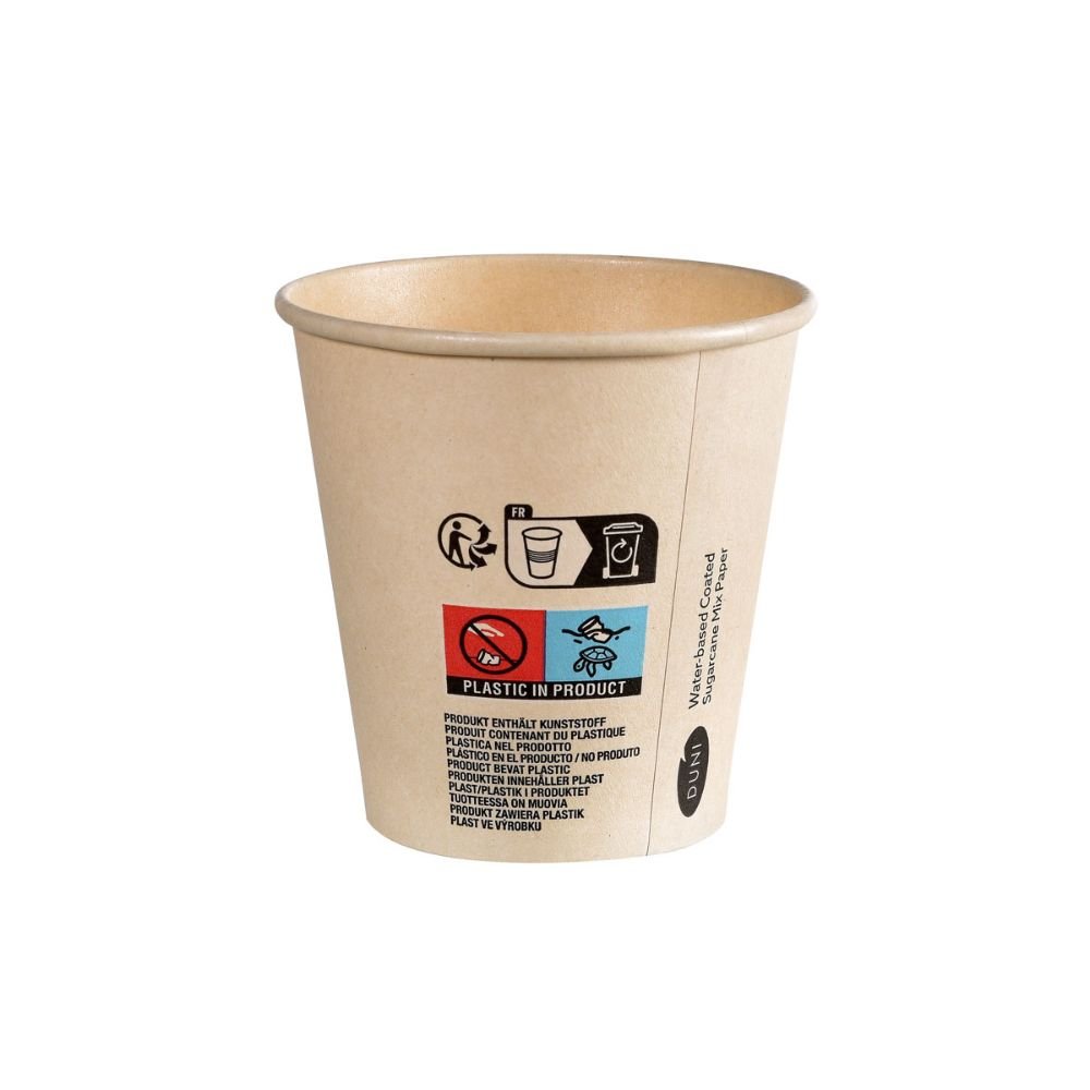 The Duni coffee cup Sweet Printed Bagasse from Duni GmbH features printed labels, including recycling symbols and 'Plastic in Product', which emphasize sustainability against a plain white background.