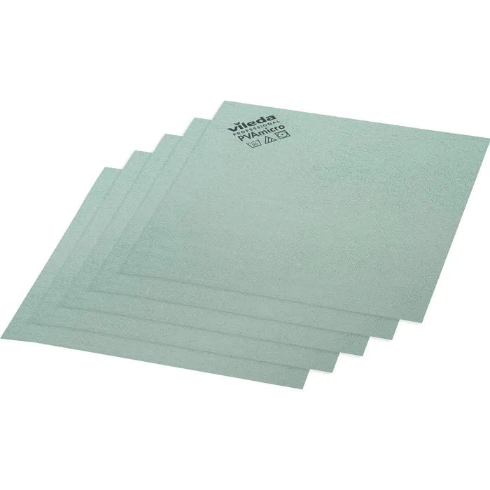 Five green cleaning cloths from the Vileda Professional PVAmicro line are stacked, with 'Vileda PVAmicro' visible on the top cloth. These square cloths from Vileda GmbH are made of microfibers and feature a microfiber material.