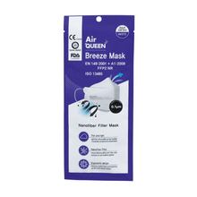 The image shows the packaging of a particle-filtering mouth-nose protection CE2163 from Air Queen and highlights the nano-fiber filter technology, which ensures a lightweight, breathable design and ergonomic fit. The labels confirm compliance with the standards EN 149:2001 + A1:2009, CE certification, and FDA registration.