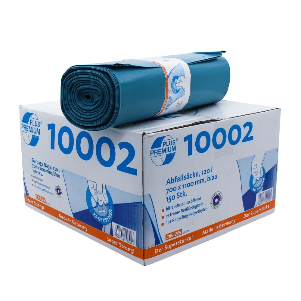 A roll of blue garbage bags lies on a box labeled "DEISS Premium Plus® extremely tear-resistant, heavy-duty garbage bags 10002", which has a capacity of 120 liters and dimensions of 700 x 1100 mm. The 150 bags from EMIL DEISS KG (GmbH + Co.) made from recycled PE are climate-neutral and offer superior durability due to their puncture and tear-resistant construction.