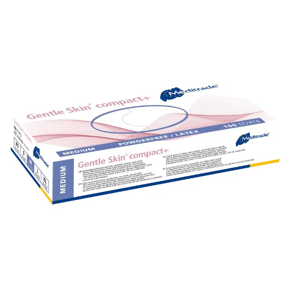 A box of Meditrade Gentle Skin® Latex Gloves compact+ disposable gloves from Meditrade GmbH. The packaging is blue and white, indicating that these are medium-sized, latex-free, and powder-free gloves suitable for food processing.
