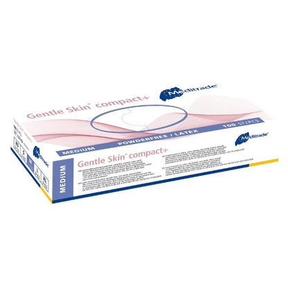 A box of Meditrade Gentle Skin® Latex Gloves compact+ disposable gloves from Meditrade GmbH. The packaging is blue and white, indicating that these are medium-sized, latex-free, and powder-free gloves suitable for food processing.
