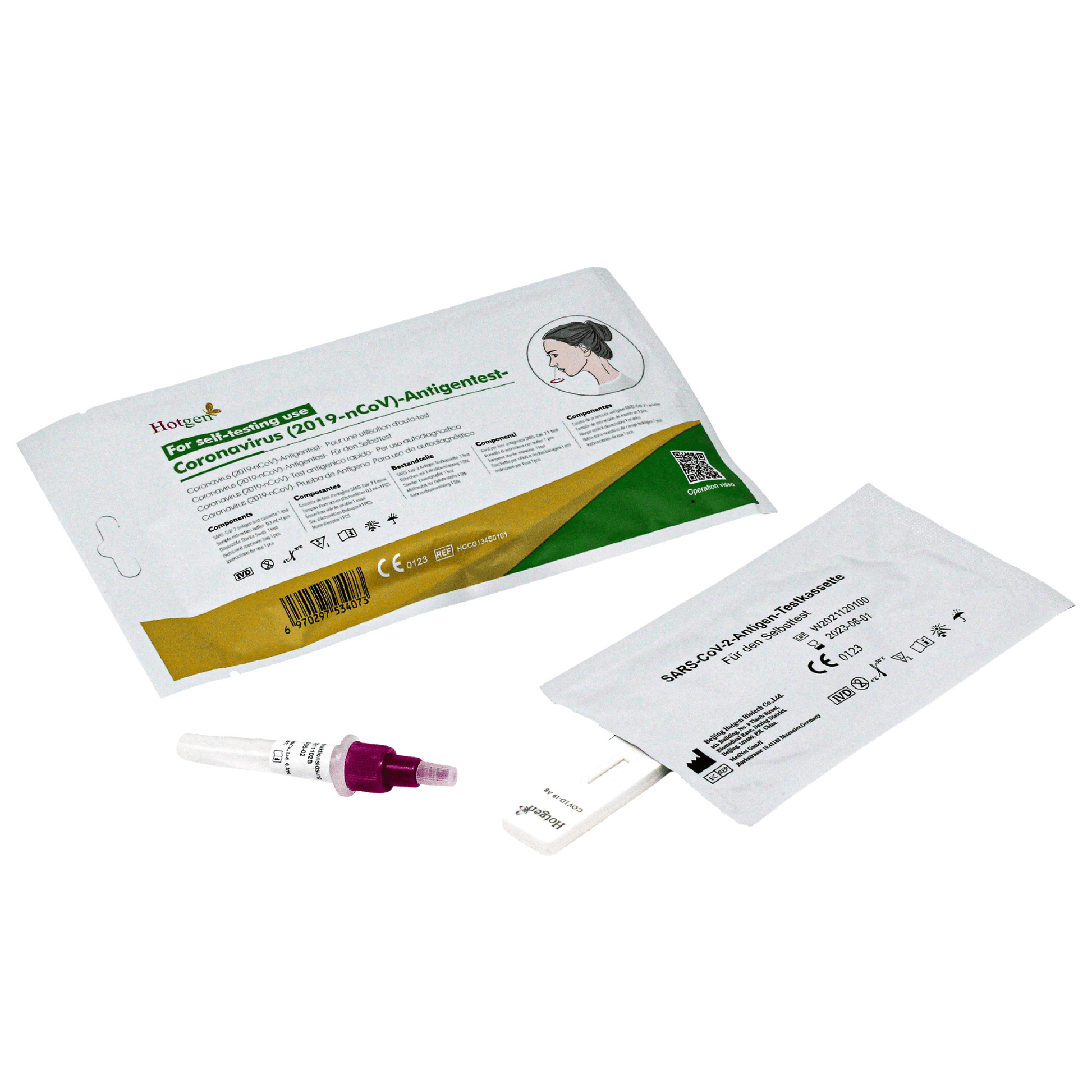 The Hotgen Sars-CoV-2 Antigen Layman's Rapid Test CE0123 kit from the Hotgen brand contains one test per package, a sealed test strip, a small bottle with a purple cap, and an instruction sheet with green and yellow accents.
