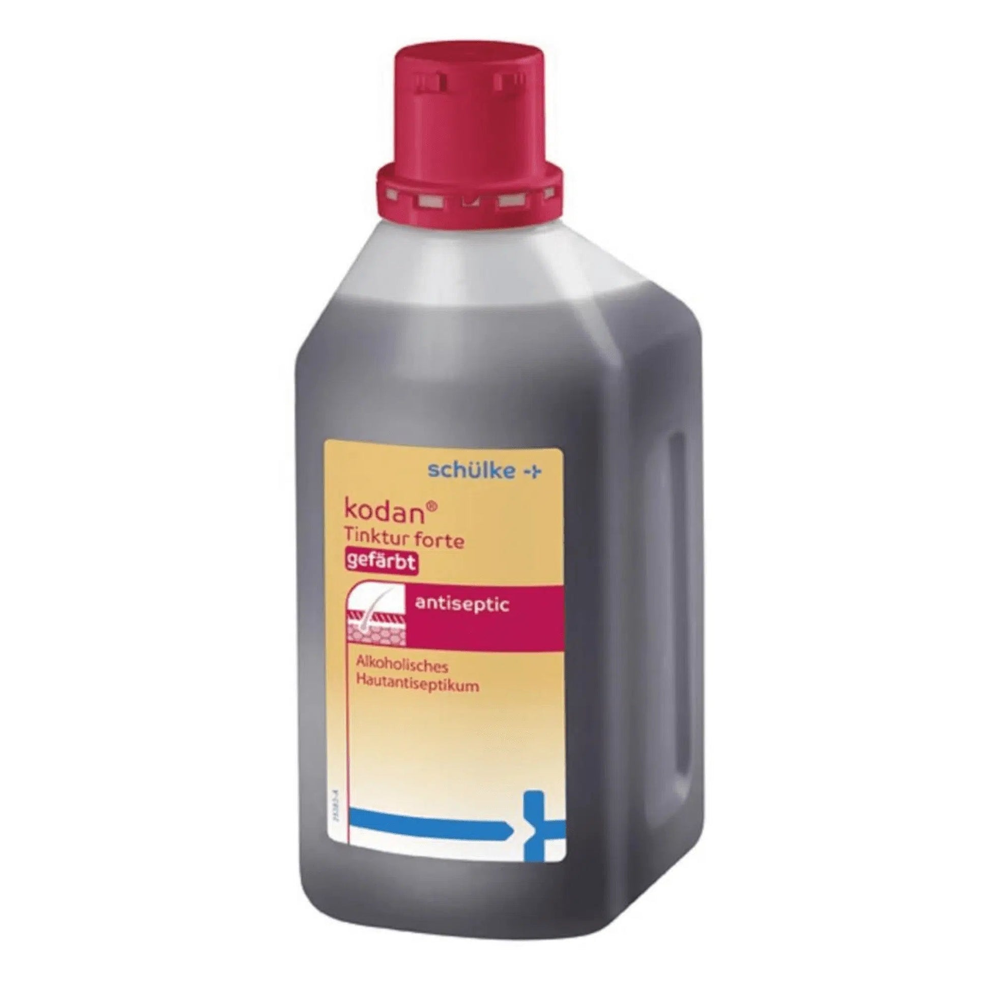 A plastic bottle Schülke kodan® Tincture forte skin antiseptic colored by Schülke & Mayr GmbH with a red cap, labeled as a skin antiseptic agent with alcohol-based properties.