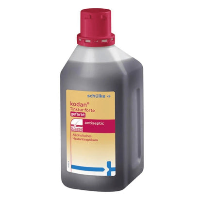 A plastic bottle Schülke kodan® Tincture forte skin antiseptic colored by Schülke & Mayr GmbH with a red cap, labeled as a skin antiseptic agent with alcohol-based properties.