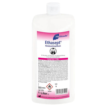 A white bottle of Meditrade Ethasept® hand disinfectant from Meditrade GmbH with a pink label containing product details in German. The bottle has a capacity of [specified amount].