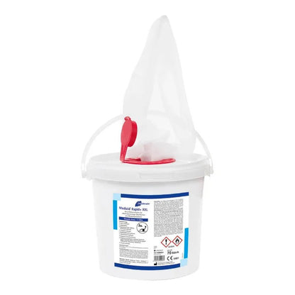 A white plastic bucket with a lid and red spout opening, labeled "Meditrade Medizid® Rapid+ disinfectant wipes" with various safety and product information on the label. The bucket handle is also visible.