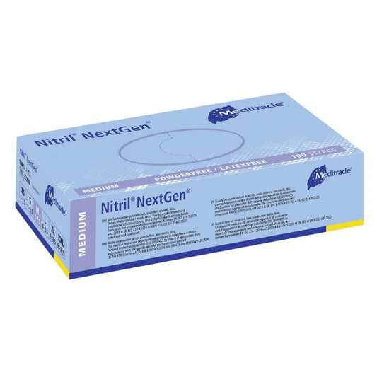 A box of medium-sized Meditrade Nitrile Gloves NextGen® EN 455 disposable gloves from Meditrade GmbH, powder-free and latex-free, in blue packaging of 100 pieces.