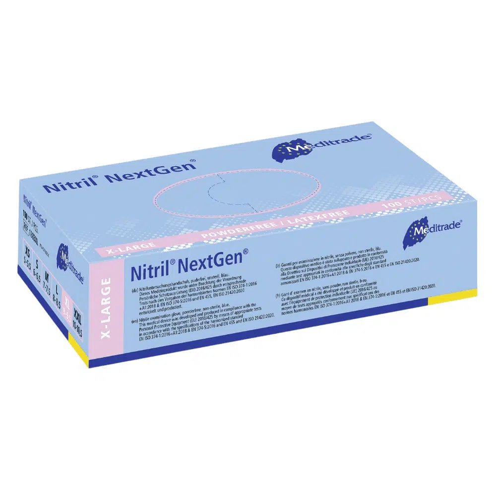 A box of Meditrade Nitrile Gloves NextGen® extra-large latex-free disposable gloves. The box is blue and white with text and graphics indicating the product details.