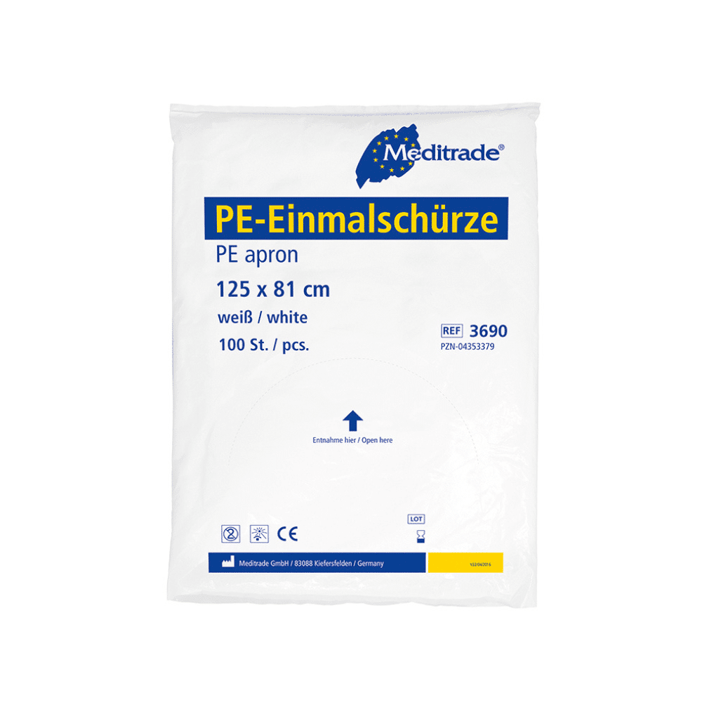 White LDPE plastic packaging for the disposable aprons "Meditrade PE disposable apron (white)" from Meditrade GmbH, size 125 x 81 cm, with product details and logos, including the CE marking for Europe.
