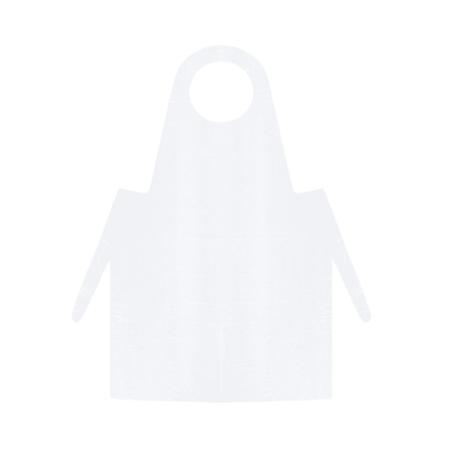 A simple, plain white apron made of LDPE without patterns or logos, shown in the front view. The Meditrade PE disposable apron (white) - 100 pieces features a neck loop and two long ties at the waist.