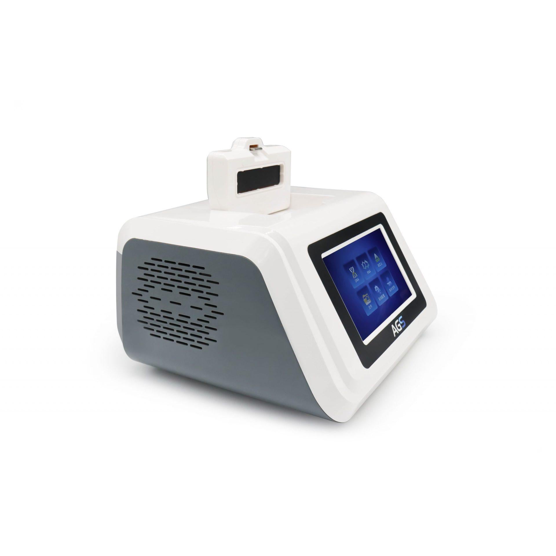 A compact, white-gray Altruan real-time PCR device AGS8830-8, weighing 12 kg, with a digital touchscreen interface on the front and a ventilation grille on the side. A connection port is visible on the top.